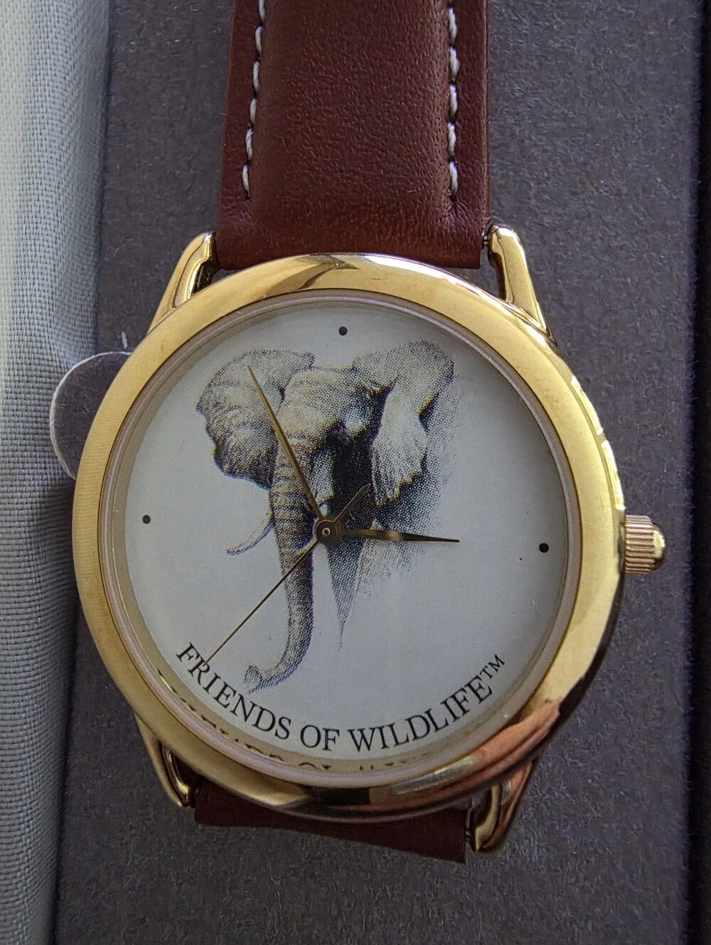 📣 Vintage 90s Friends of Wildlife Elephant 🐘 Dial Watch ⌚ Brown Leather 35 mm